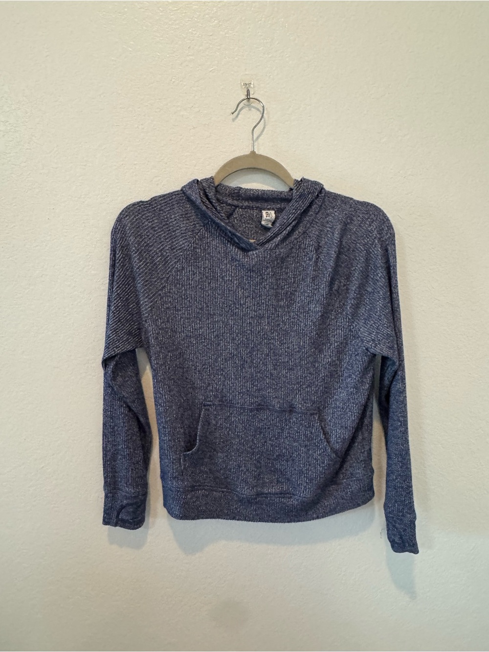 Athleta Girl Heathered Blue Knit Hoodie with crossover back detail